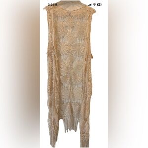 Cato Crocheted Open Knit Cardigan Duster Fringe Cream Sz 22/24 Boho Hippie